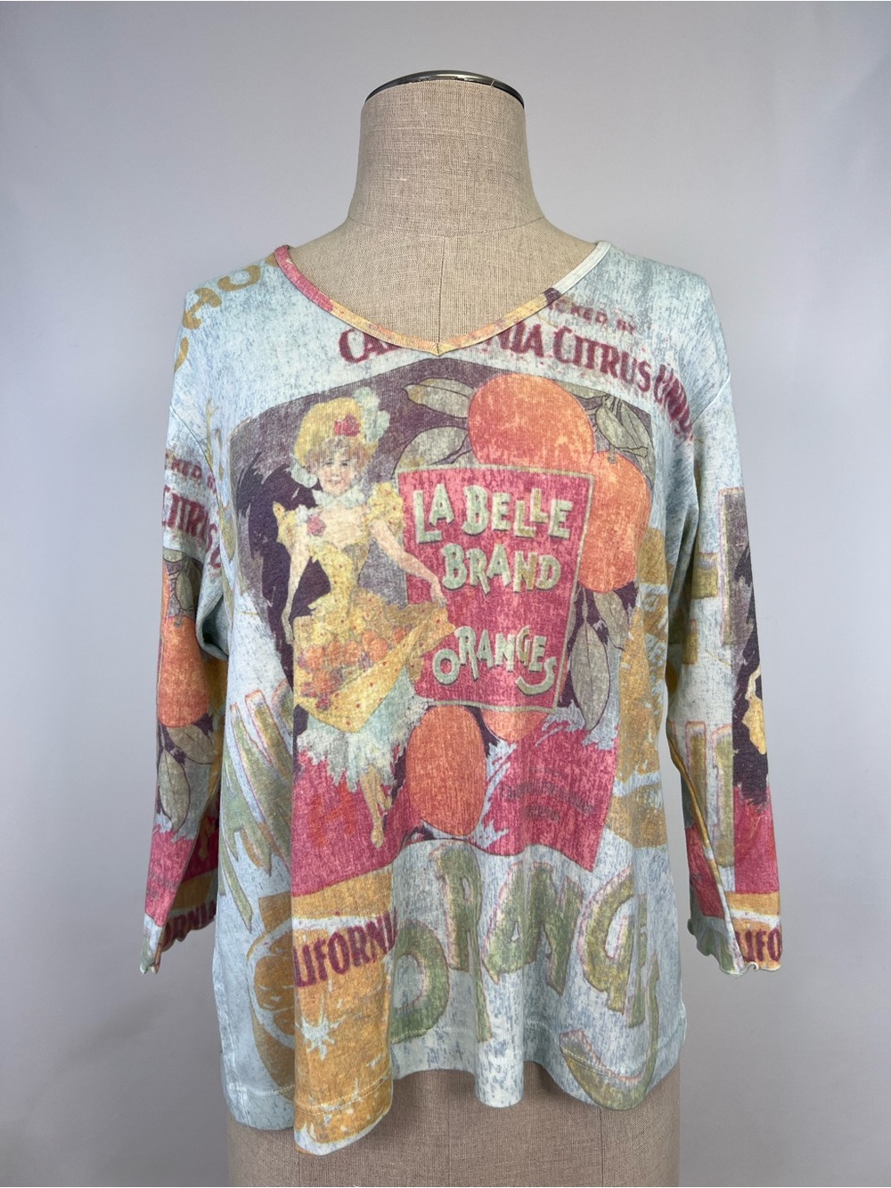 Vintage Y2K One World La Belle Citrus 3/4 Sleeve Graphic Top